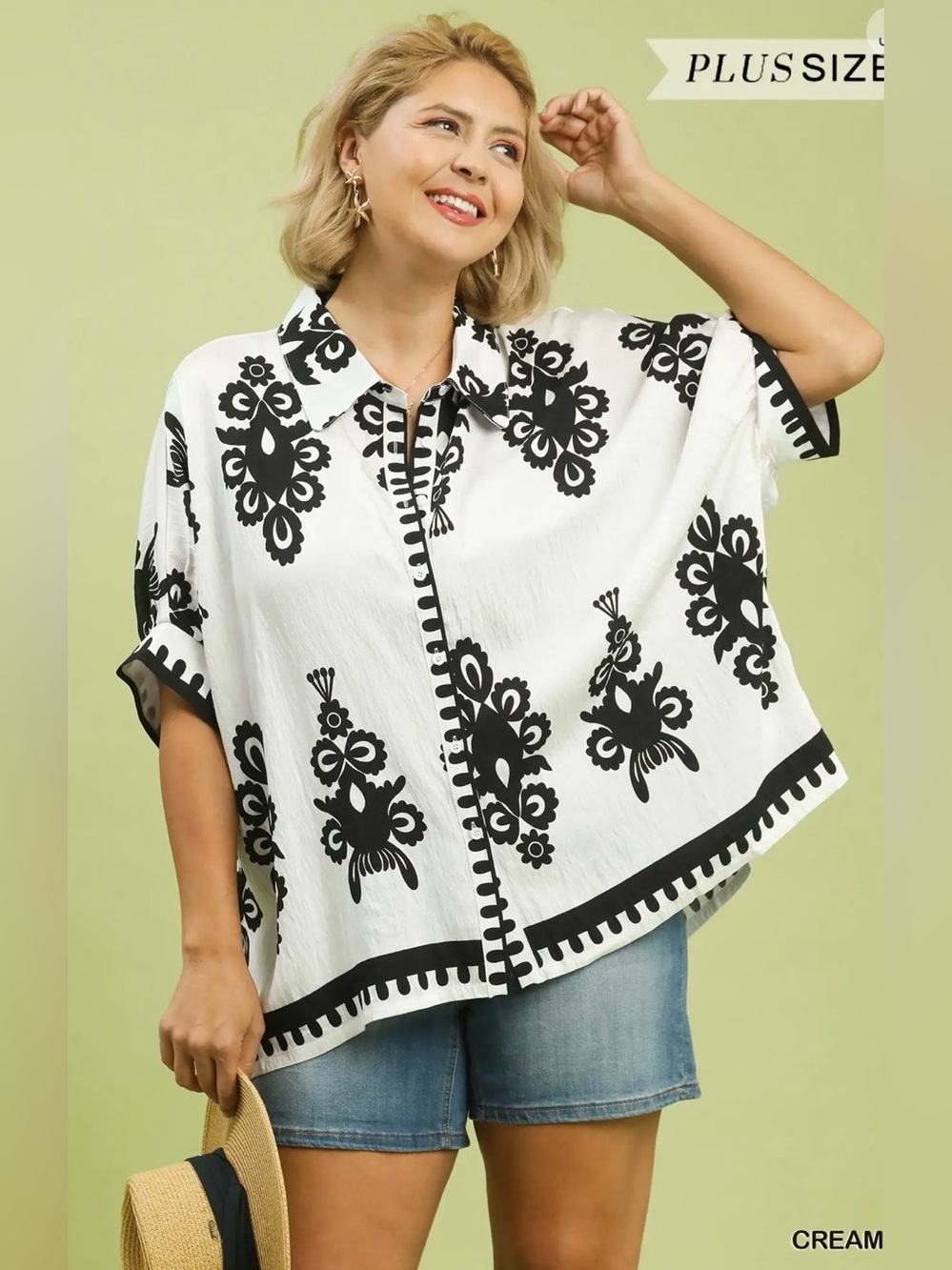 New! Umgee Plus Size Cream Abstract Collar Button-Front Top Size X Large